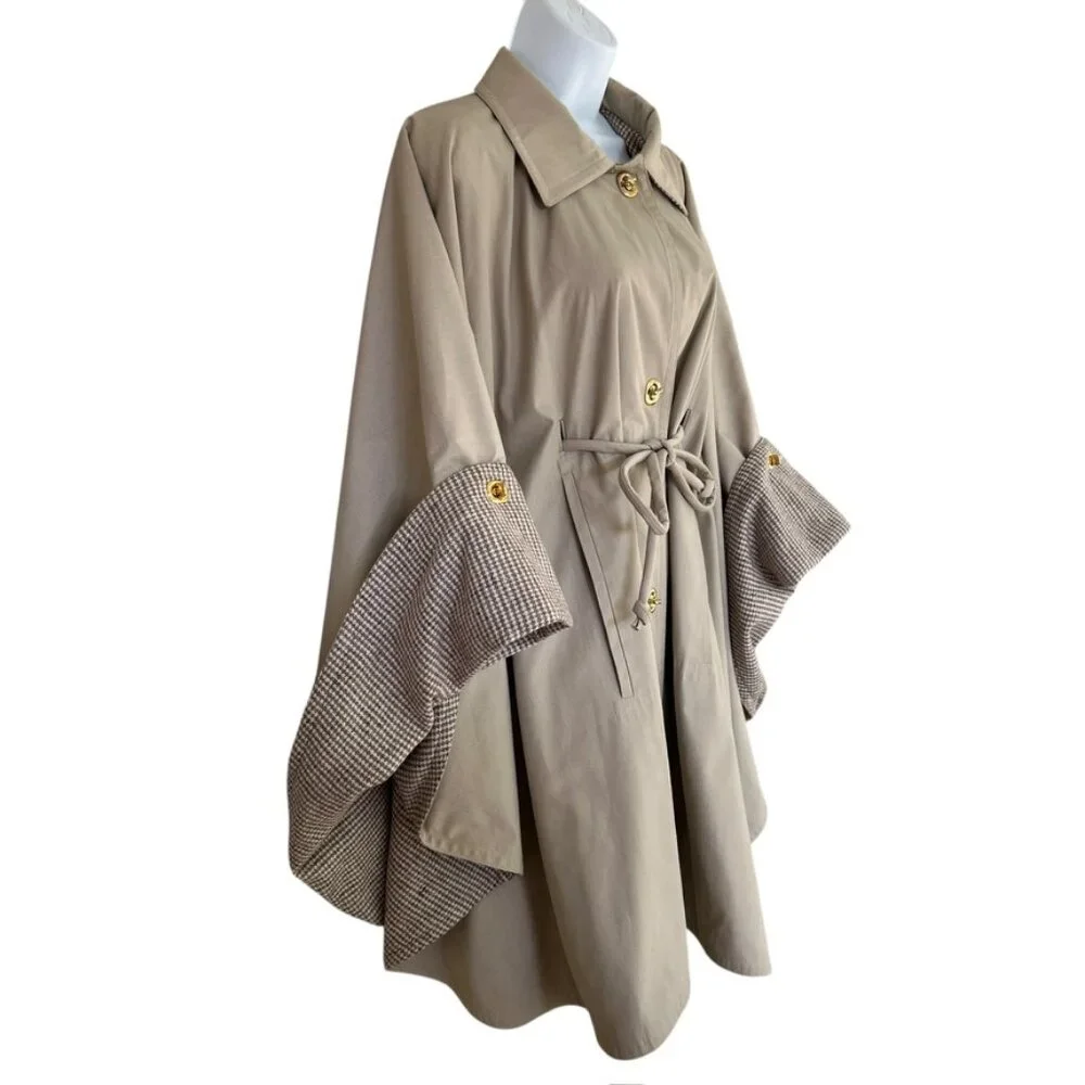 Bonnie Cashin cape khaki cream plaid wool lined waist tie turnlock closure coat